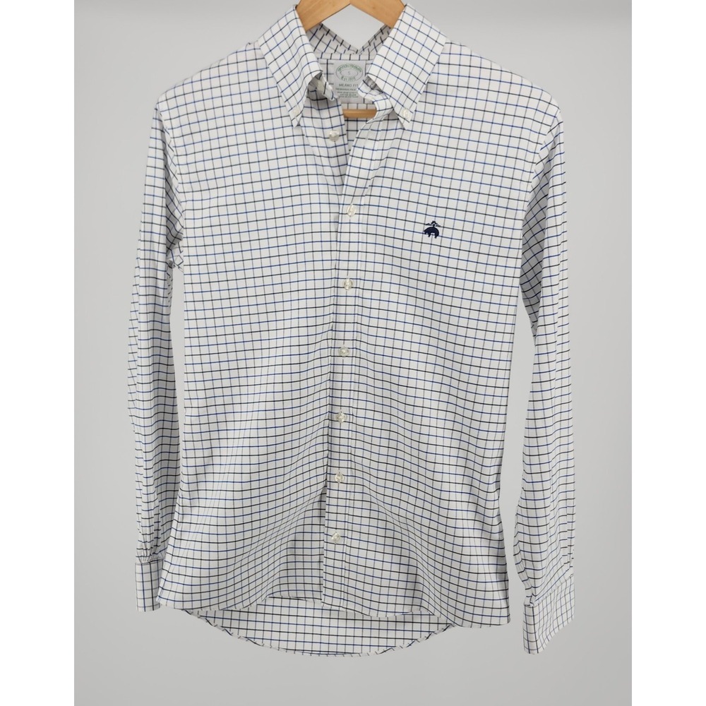 Brooks Brothers Milano Fit Shirt Mens Small Non-Iron Stretch Blue Check Logo